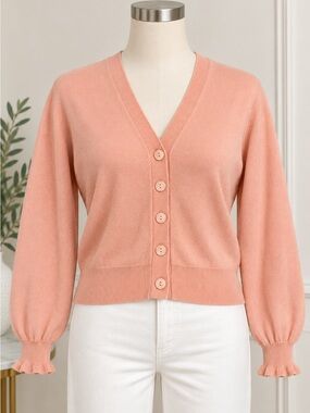 crush 100% cashmere peach pink button cardigan ruffle cuff size 2